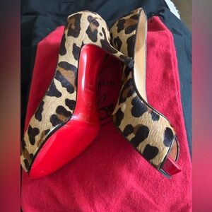 Christian Louboutin leopard open toe, heel pumps, brown pony-hair move
